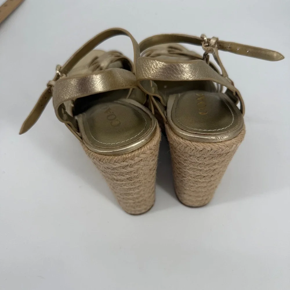Coach Dottie Espadrille Wedge Sandals Womens 6B Gold Metallic Woven Strappy
